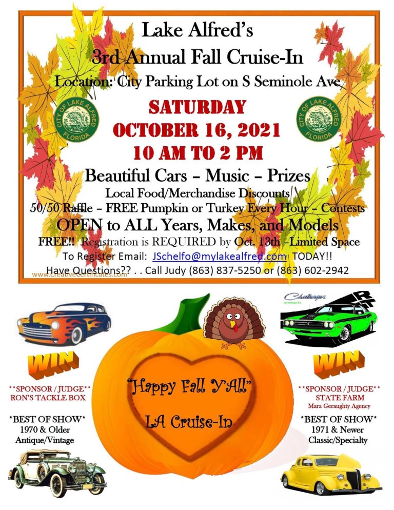 Lake Alfred’s 3rd “Happy Fall Y’All” Cruise-In Coming Up On October 16