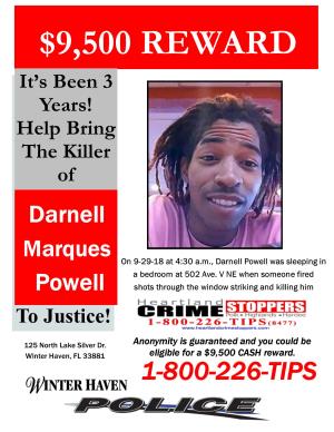 Reward Increased to $9,500 For Winter Haven 2018 Homicide of Darnell Powell