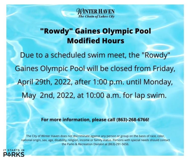 Modified Weekend Pool Hours This Weekend At”Rowdy” Gaines Olympic Pool